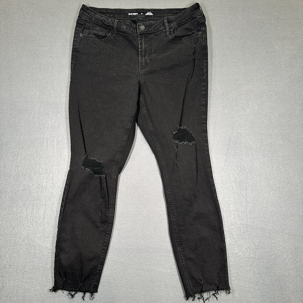 Old Navy Jeans Womens 12 Black Mid Rise Rockstar Super Skinny Distressed Denim